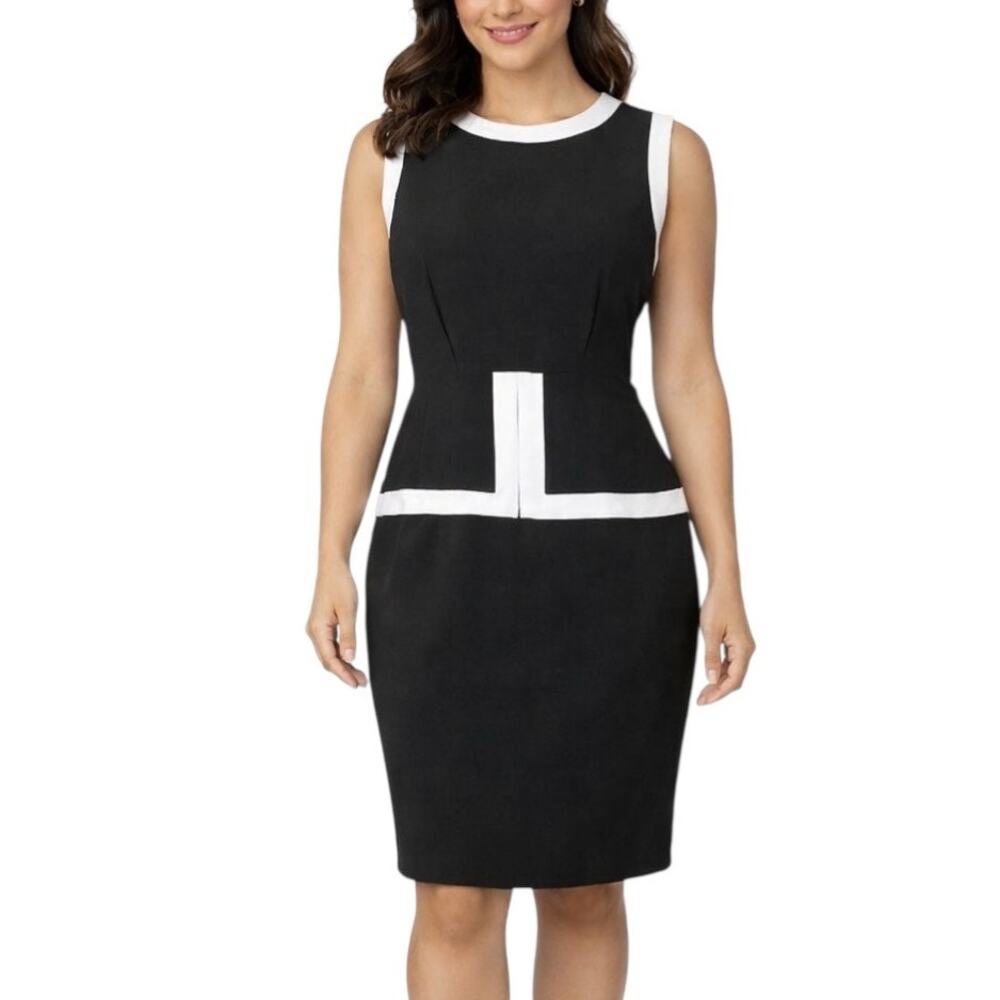 Calvin Klein Black Peplum Sheath Dress Size 4 White Trim Classic